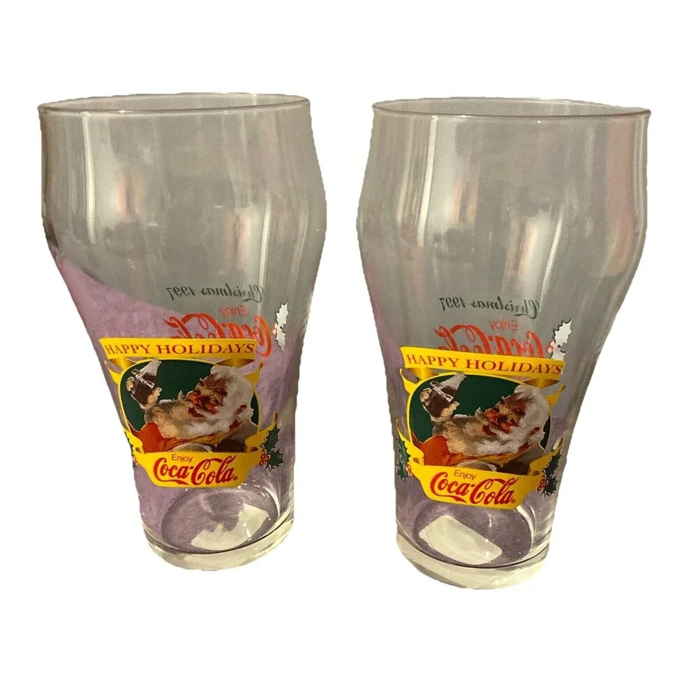 Vintage 2 Glasses Enjoy Coca Cola Christmas 1997 Santa Claus Happy Holidays‎ 2